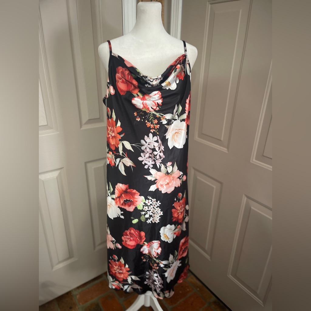 Bebe Vintage Black, Red, Cream, Green Floral Midi Cowl Neckline Slip Dress. Xl.